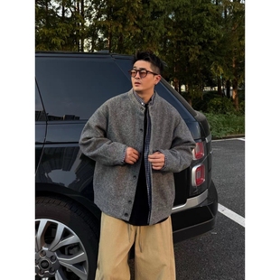 毛衣痞帅上衣 外套男复古拼接休闲开衫 秋冬季 重磅假两件格子针织衫