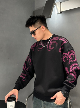 秋冬重磅纯棉时尚百搭设计印花宽松卫衣男帅气个性潮ins圆领长袖