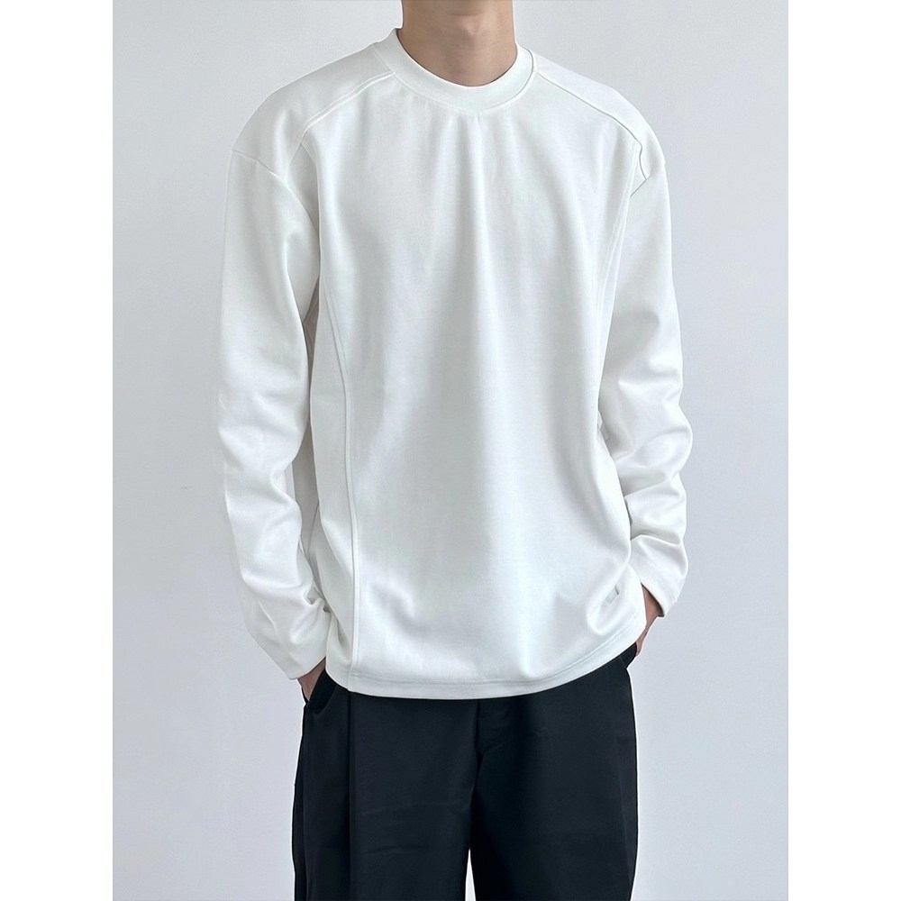 秋季美式复古纯棉360G正肩重磅长袖t恤男宽松简约cleanfit打底衫