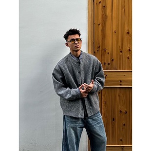 秋冬新款 外套男 休闲百搭复古重磅加厚圆领假两件拼接针织毛线开衫