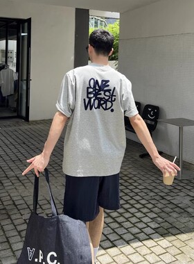 重磅纯棉320g卡通字母刺绣灰色双面针织短袖T恤男夏季美式五分袖