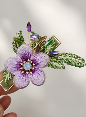 紫色刺绣花朵刘海侧边碎发夹