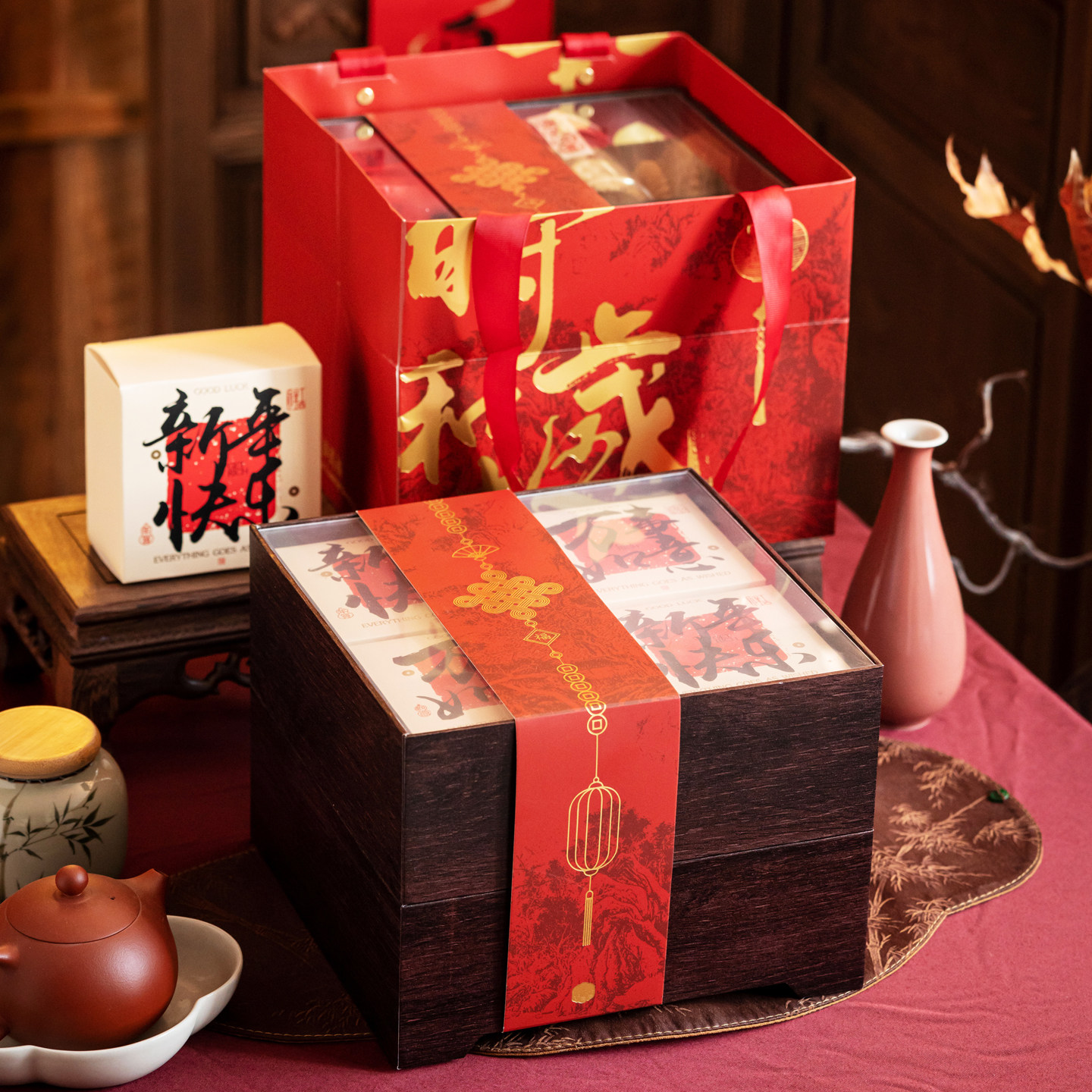中式高档双层新年礼盒2026新款年货包装盒空盒子仿木盒马年礼品盒
