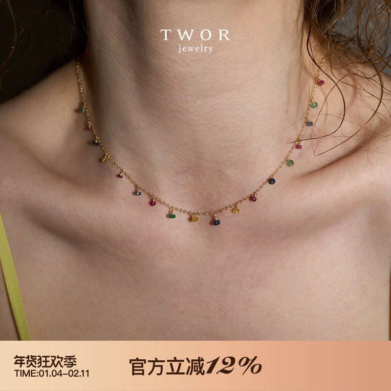 TWOR/手工房彩色蓝红宝石项链女精致复古新款叠戴祖母绿颈链首饰,饰品/流行首饰/时尚饰品新,项链,淘宝优惠券,粉丝福利购,淘宝优惠卷