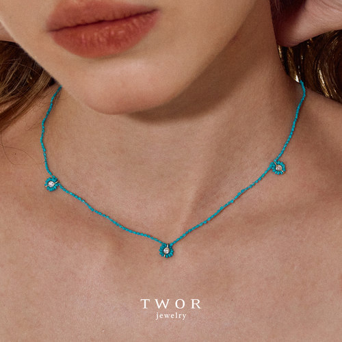 TWOR缇坞绿松石三朵花编织项链