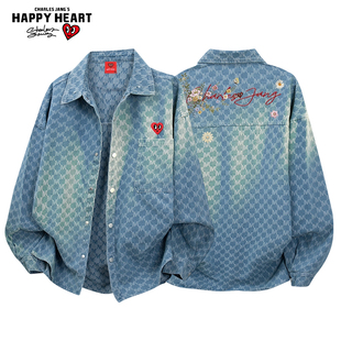 查尔斯桃心花卉印花波浪纹复古水洗牛仔衬衫 外套宽松休闲情侣上衣