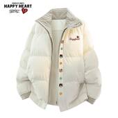 查尔斯桃心小猫印花格子假两件冬季 加厚情侣保暖立领棉服棉衣外套