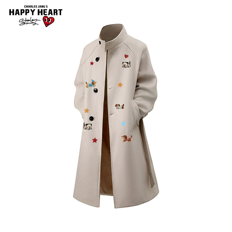 查尔斯桃心趣味小狗印花中长款毛呢大衣男女冬季宽松休闲夹克外套