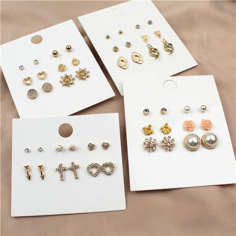 新款组合套装耳钉镶水钻闪亮日常款简约大气时髦潮流时尚女排钉