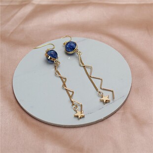 韩版新款耳钩款长款耳坠蓝色裂纹玻璃珠气质潮流时尚女耳环耳饰