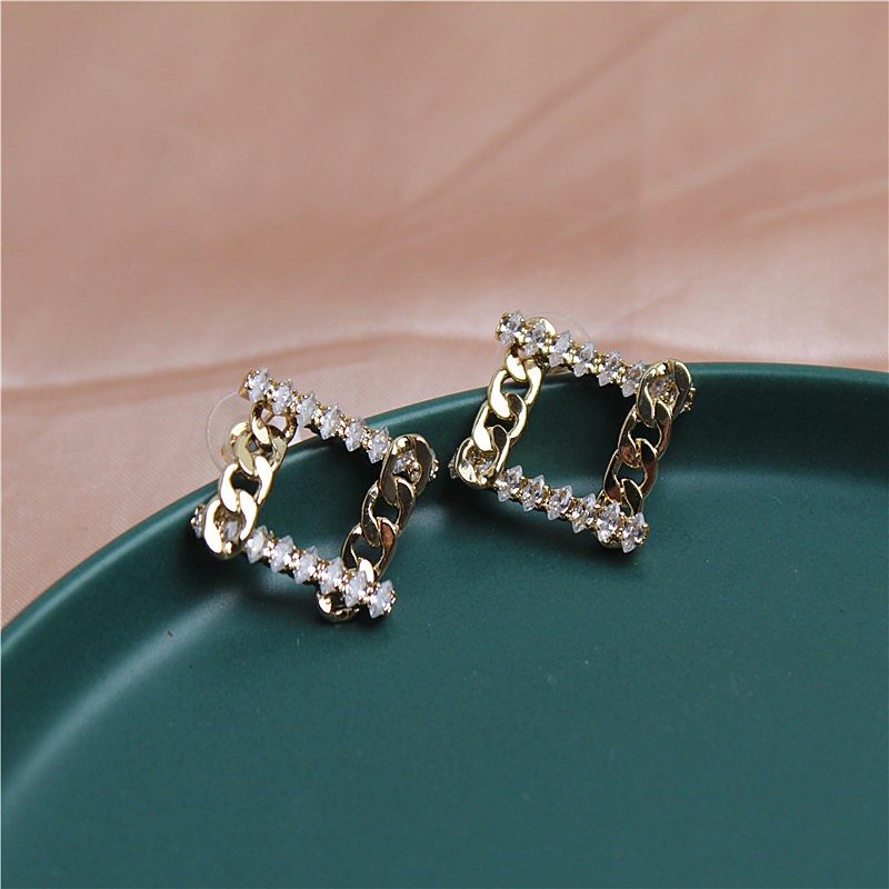 铜镀金日韩镶锆石女几何体耳钉