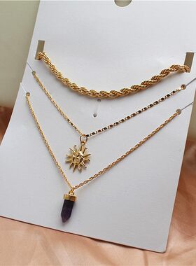 合金镀金女款石头坠一卡三条项链