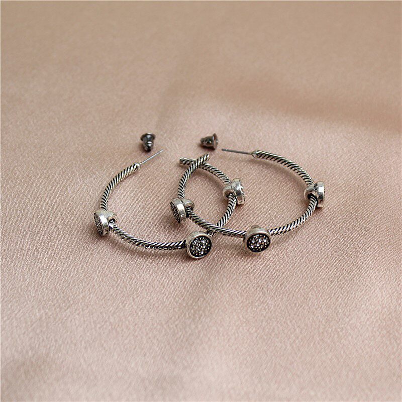 欧美风格新款复古银色镶水钻C圈麻花圈潮流气质个性夸张耳钉耳环