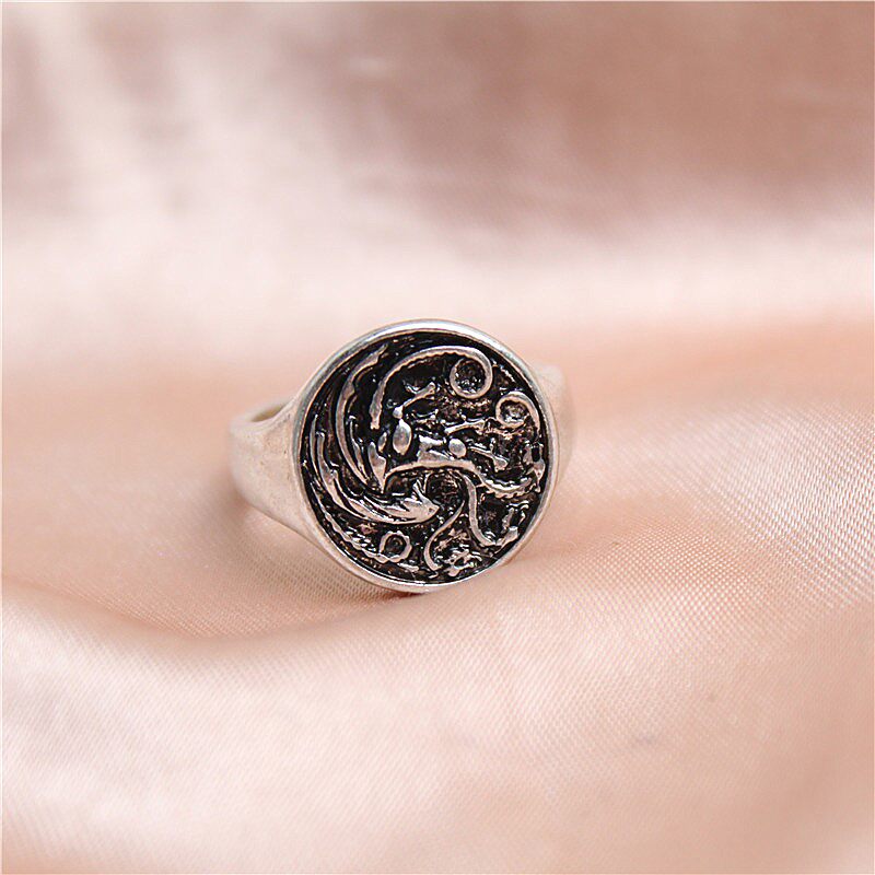 欧美风新款复古银色戒指圆形戒面浮雕图案潮流个性男女款指环f-82