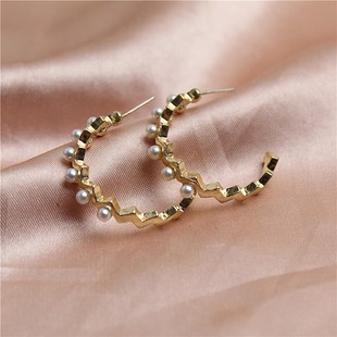 S925银针耳环c圈锯齿形亚克力珍珠潮流个性 女耳钉耳饰品 韩版 时尚