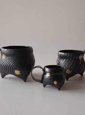 杯二八三 杂碎国货 李长亮 枯山水纹黑底撒金囊足杯 茶杯 把手杯