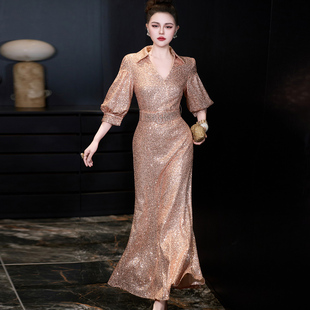 晚礼服裙女高级感轻奢高端宴会主持人大气艺考演出服亮片长裙年会