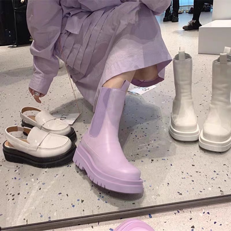 马丁靴女mona同款浅紫色切尔西靴
