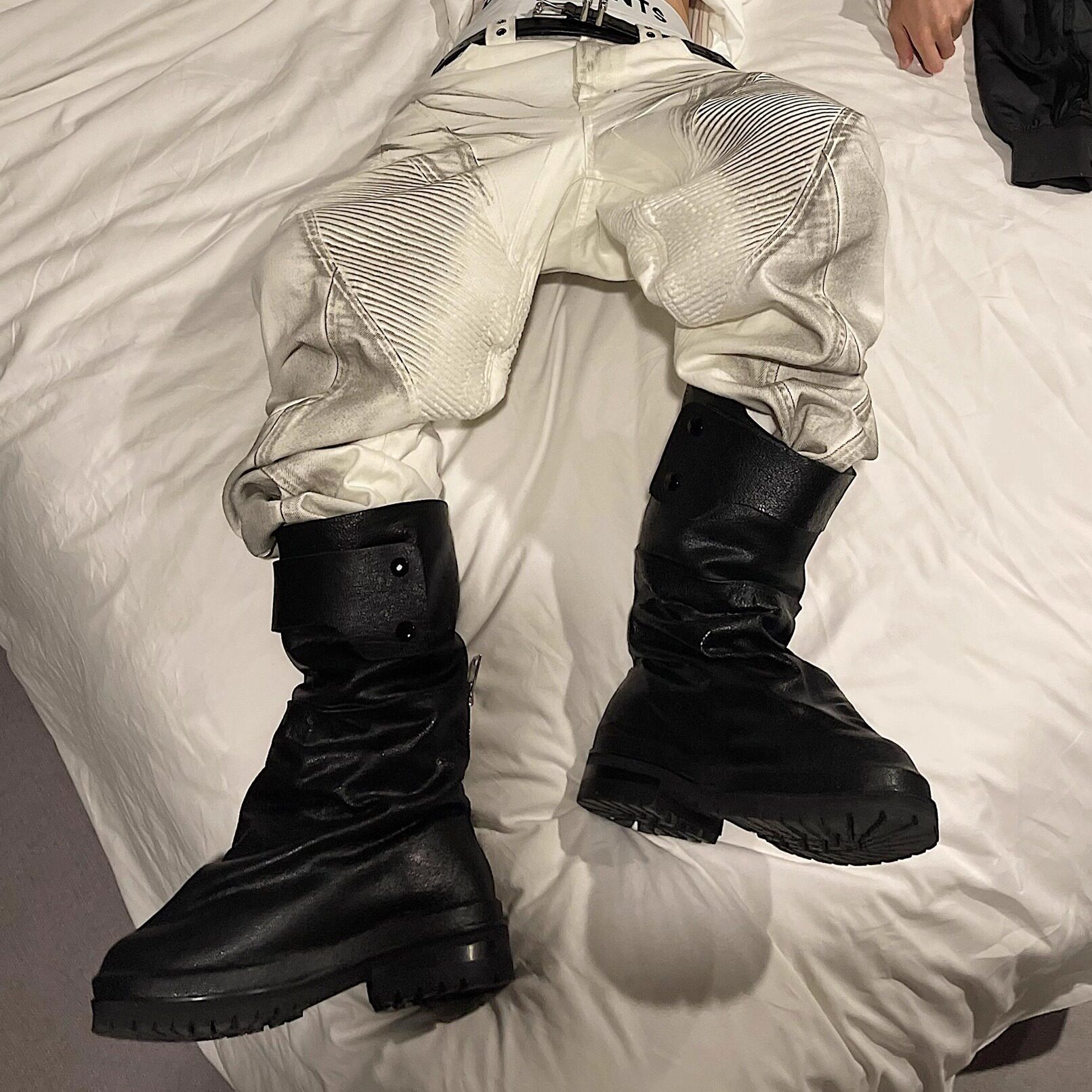 复古做旧424褶皱时装靴朋克机车靴男暗黑中筒骑士靴宽松堆堆长靴