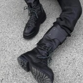 424褶皱中筒靴暗黑废土做旧后拉链骑士靴宽松复古厚底高筒