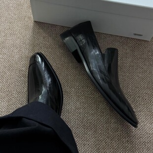 暗黑复古尖头乐福鞋男女真皮一脚蹬懒人鞋休闲皮鞋缝线鳗鱼德比鞋