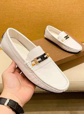 英伦风皮鞋男真皮白色豆豆鞋男款品质休闲鞋干净感痞帅男鞋一脚蹬