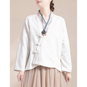 汉服女休闲宽松文艺秋款 中国风复古门襟刺绣盘扣棉麻长袖 开衫 上衣