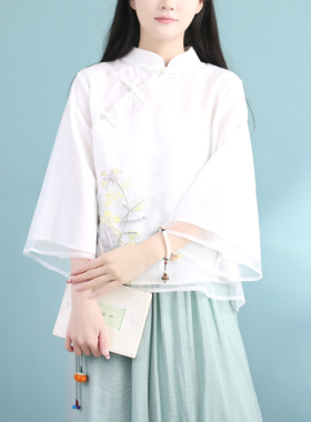 2023春夏雪纺立领休闲宽松衬衫女中国风复古斜襟盘扣绣花茶服上衣