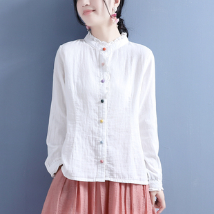 2023秋季 棉麻彩色包扣木耳边长袖 衬衫 女复古文艺休闲宽松上衣 新款