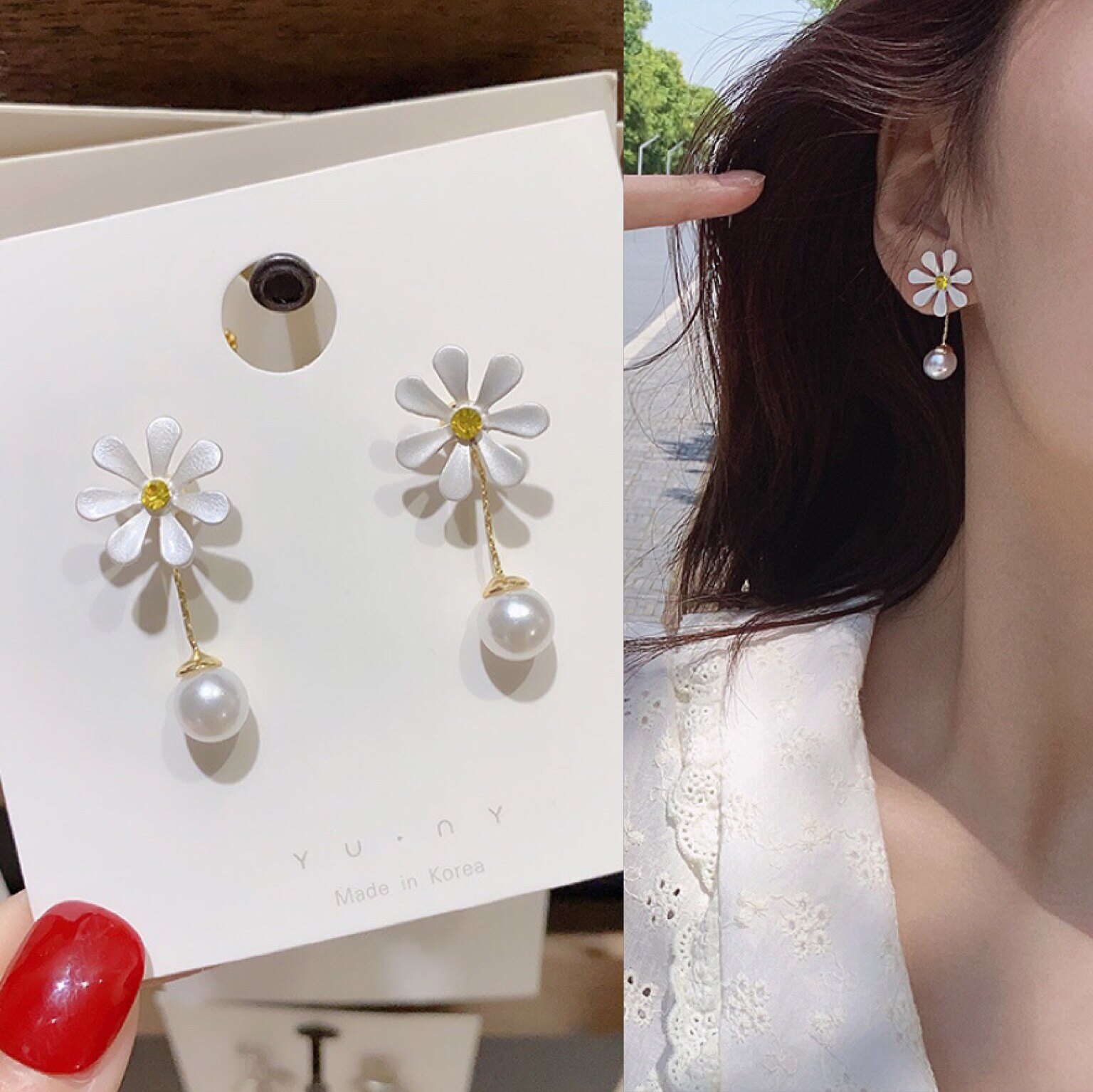夏季小清新可爱白色小花耳钉甜美少女两戴珍珠短款流苏耳环耳饰女