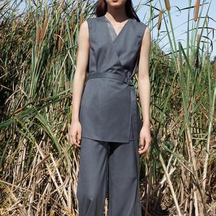 清仓处理灰色羊毛精纺卷边阔腿裤