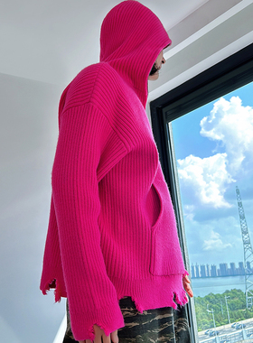 新年过年毛衣秋冬加厚玫红色男女款打底针织衫连帽拉链宽松外套