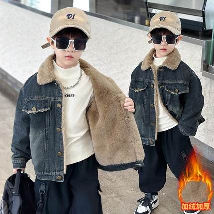 男童牛仔外套儿童秋冬加绒衣服2024新款宝宝冬季加厚小童冬装男孩