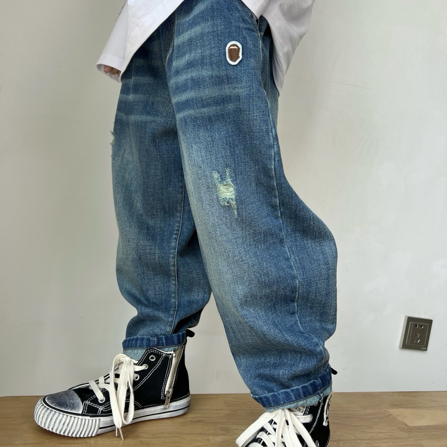LANIKIKI 春秋新款 儿童猫须破洞休闲百搭牛仔长裤 加绒