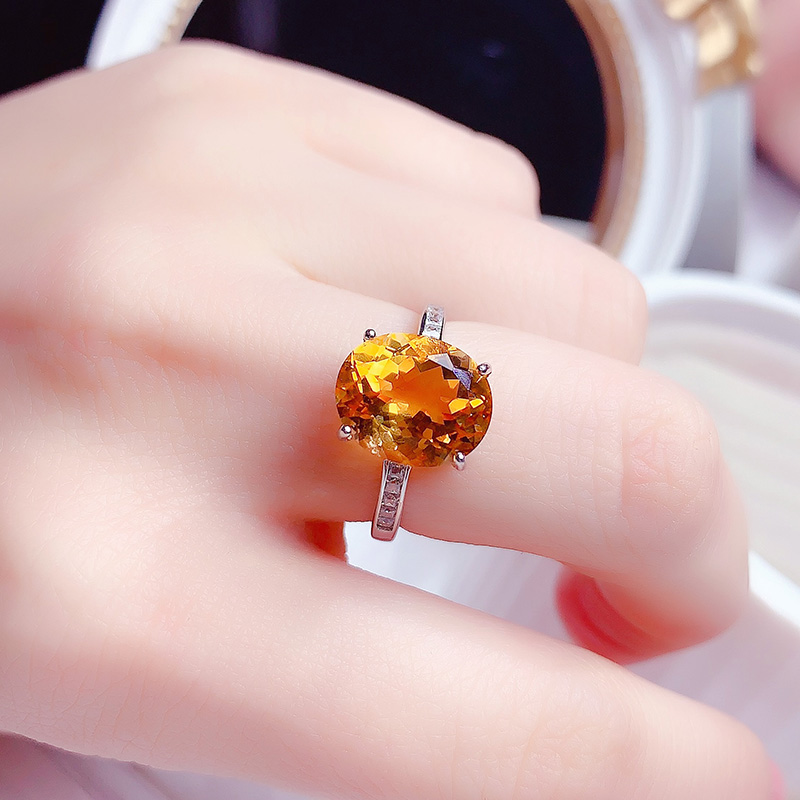 天然招财巴西大颗粒黄水晶戒指开口戒女925纯银镶黄宝石百搭时尚