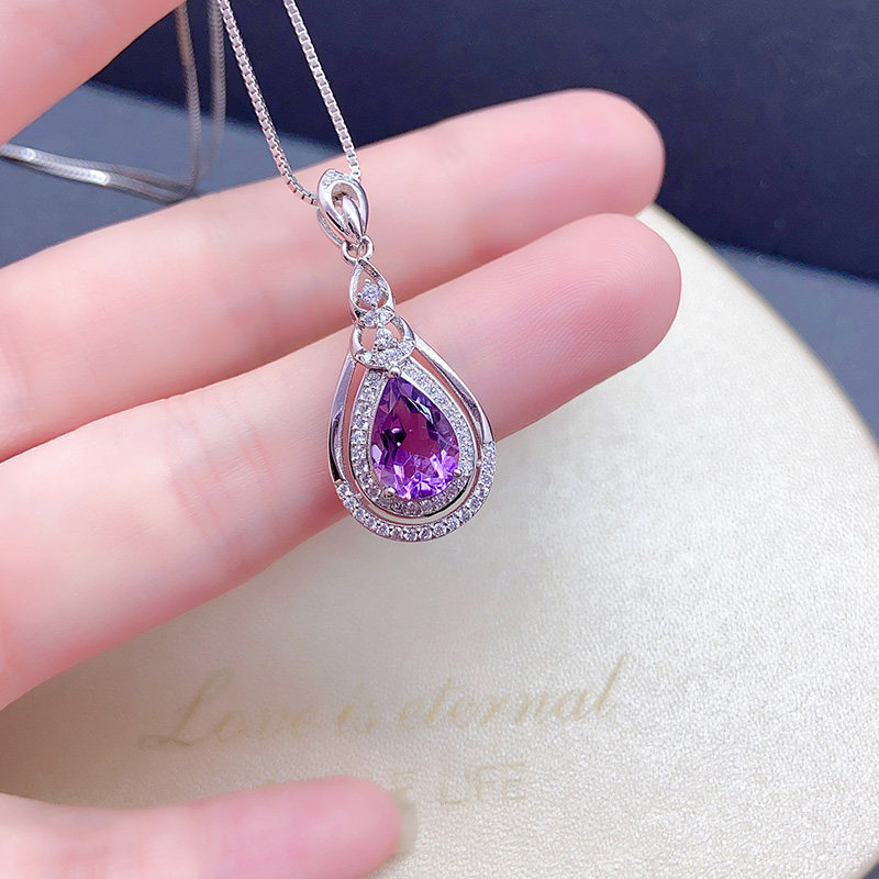 天然紫水晶吊坠女S925纯银项链水滴日韩时尚简约锁骨饰品生日礼物