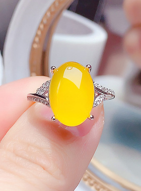 纯银镶嵌鸡油黄天然黄玉髓戒指开口戒女时尚精致百搭款黄宝石戒指