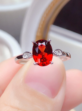 纯银镶嵌天然酒红石榴石戒指开口戒可调节时尚精致百搭红色宝石