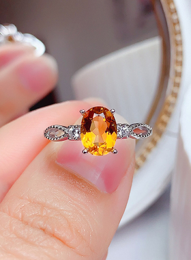轻奢纯银镶天然黄水晶戒指开口女