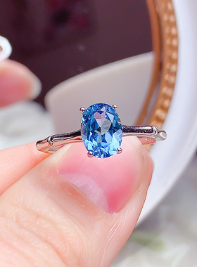 纯银镶嵌天然瑞士蓝托帕石戒指开口戒竹节款简约百搭时尚银蓝宝石