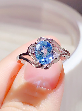 天然瑞士蓝托帕石戒指纯银镶嵌