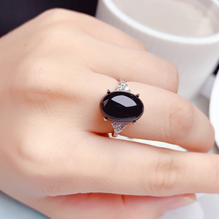 纯银镶嵌天然黑玉髓戒指开口戒可调节黑玛瑙食指戒精致简约百搭