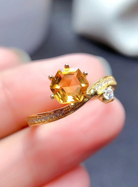 纯银镶嵌天然黄水晶戒指女
