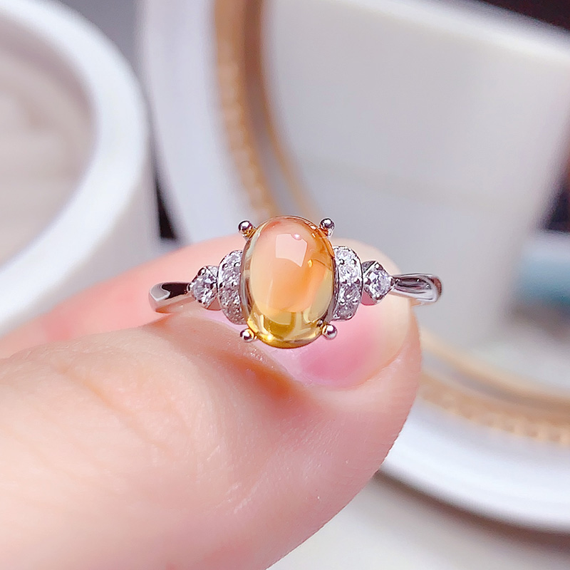 纯银天然黄水晶戒指可调节戒女