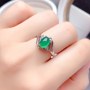 天然高级冰种绿玉髓开口戒指女925纯银镶嵌绿宝石开口戒女款简约