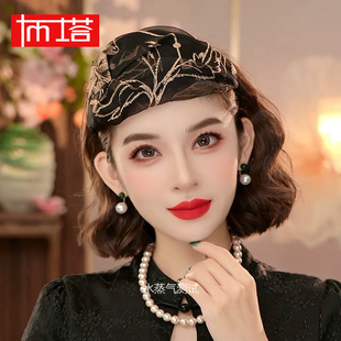 桑蚕丝刺绣女士半帽遮白发真丝洋气简约气质宽边发箍发箍PT2243