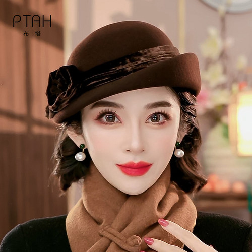 布塔秋冬季纯羊毛贝雷帽女士时尚百搭复古画家南瓜画家帽子PT1438