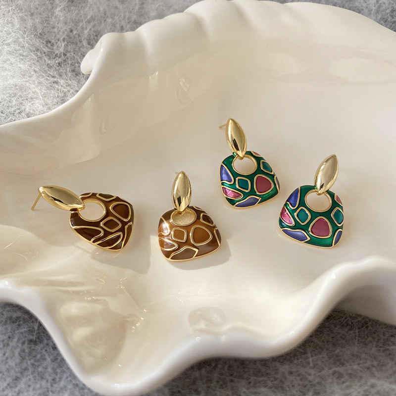 法式几何图形耳环高级感方圆脸珐琅耳钉925银针耳饰女小众设计感