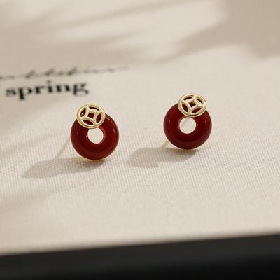 防过敏红色玛瑙耳钉女新中式国风