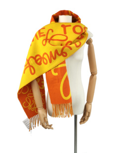 橘红橘黄双面色手绘涂鸦小可爱30*190黄金比例长羊绒羊毛围巾